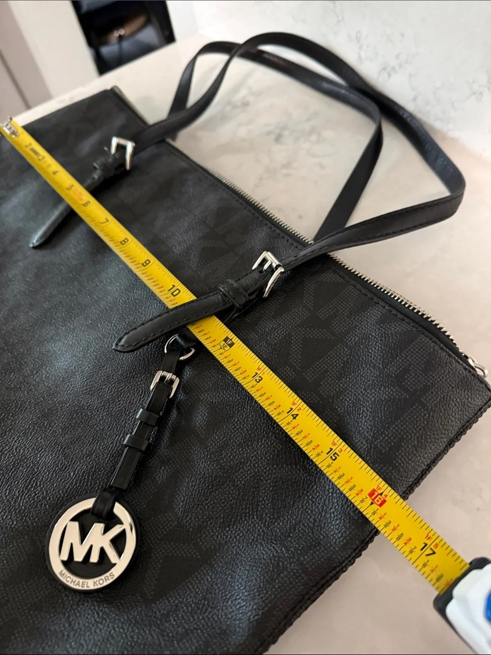 Michael Kors Black Logo Tote Bag- signature MK print; silver hardware